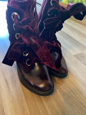 Jeffrey Campbell Burgundy Velvet Ribbon Lace-Up Ankle Boots